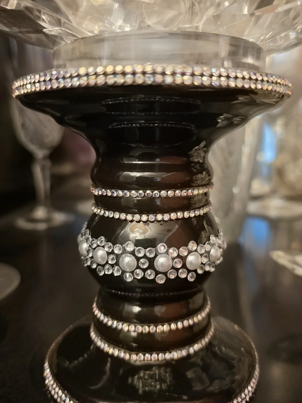 Black Jeweled Decorative Candle Holder New 4x3.5 In Candle Not Included Handmade